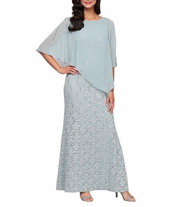 Ignite Evenings Short Sleeve Boat Neck Beaded Sequin Floral Lace Capelet Gown Product Image