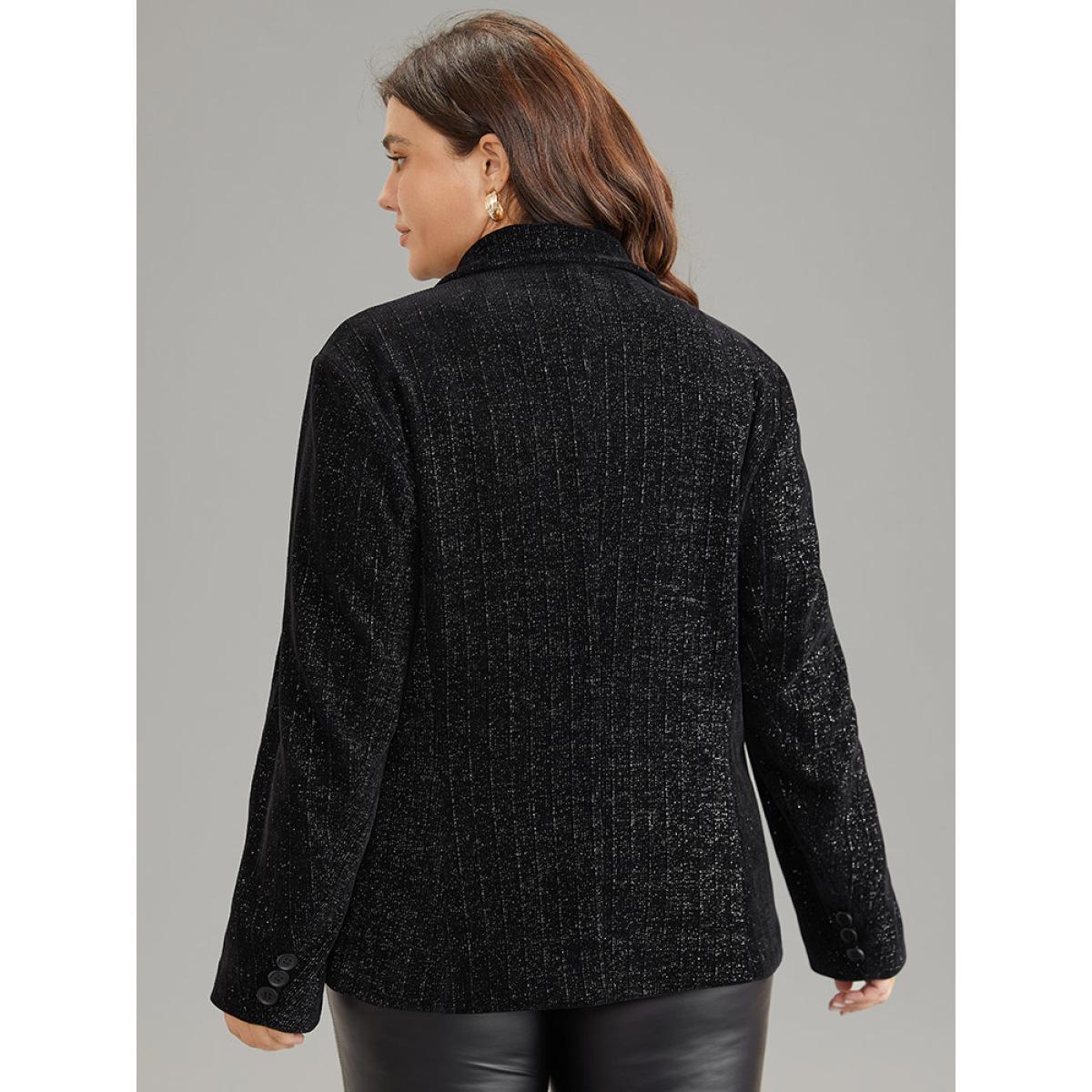 Plus Size Lurex Double Breasted Patched Pocket Blazer Black Women Dailywear Plain Velvet Sleeve Long Sleeve Suit Collar 18-20/2X Pocket Glamour Blazers BloomChic Product Image