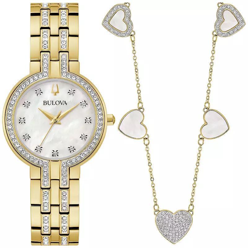Bulova Womens Gold-Tone Crystal Accent Watch & Heart Necklace Set  98X138 White Product Image