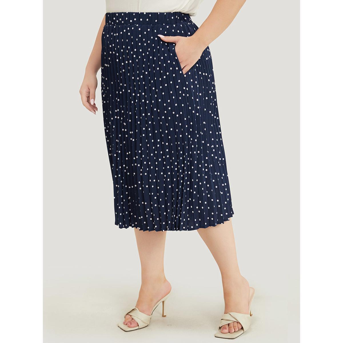 Plus Size Polka Dot Pocket Pleated Skirt Women Indigo Elegant Pleated Loose No stretch Pocket Dailywear Skirts BloomChic 18-20/2X Product Image
