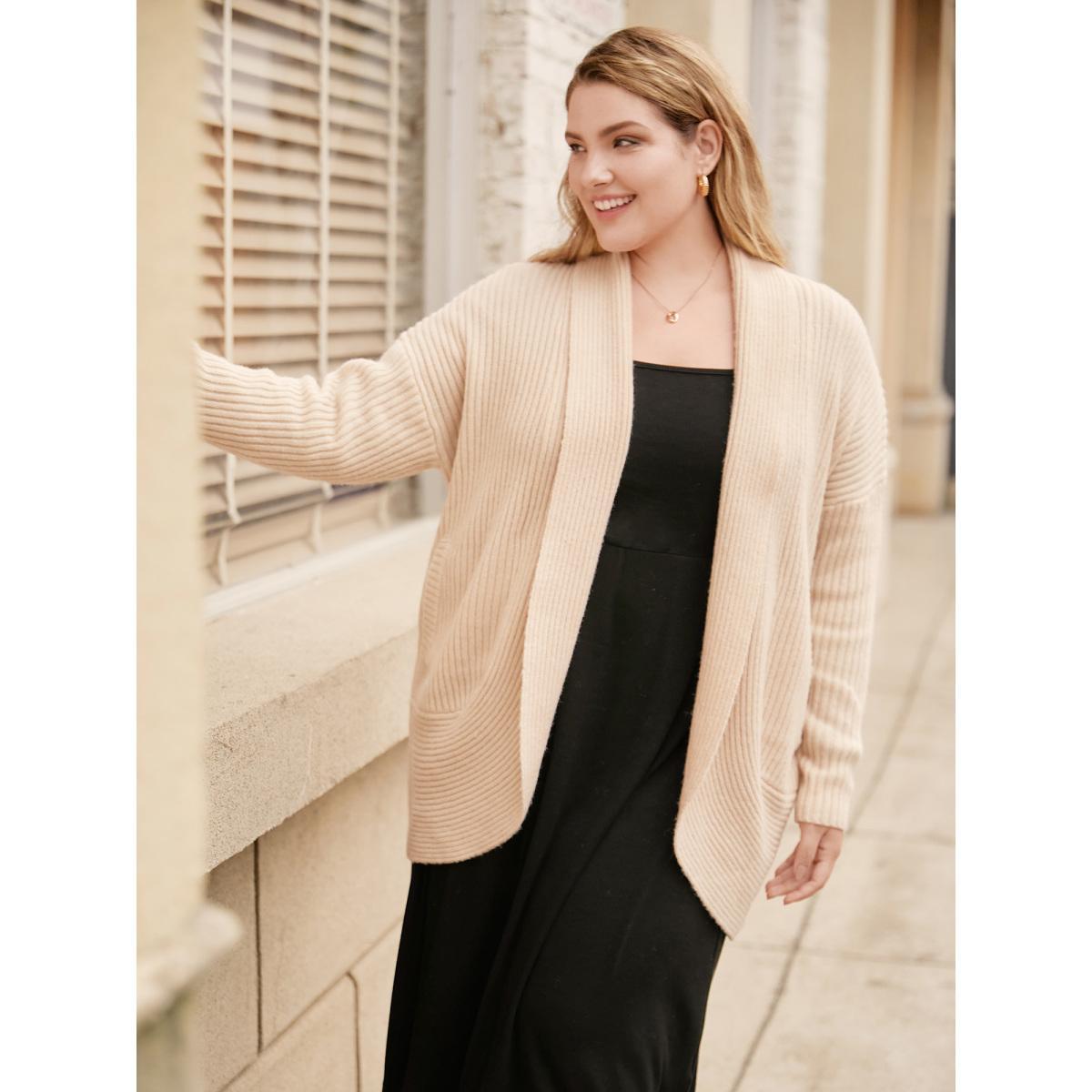 Plus Size Airy Cozy Shawl Collar Open Cardigan LightBrown Women Basics Loose Long Sleeve Everyday Cardigans BloomChic 28/5X Product Image