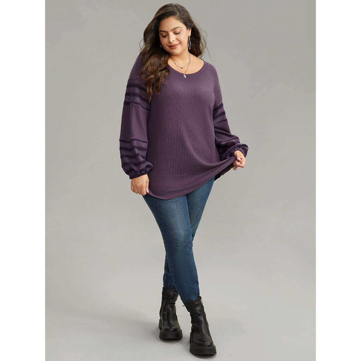 Plus Size Plain Texture Patchwork Hollow Out T-shirt Mauve Women Casual Elastic cuffs Plain Round Neck Dailywear T-shirts BloomChic 18-20/2X Product Image