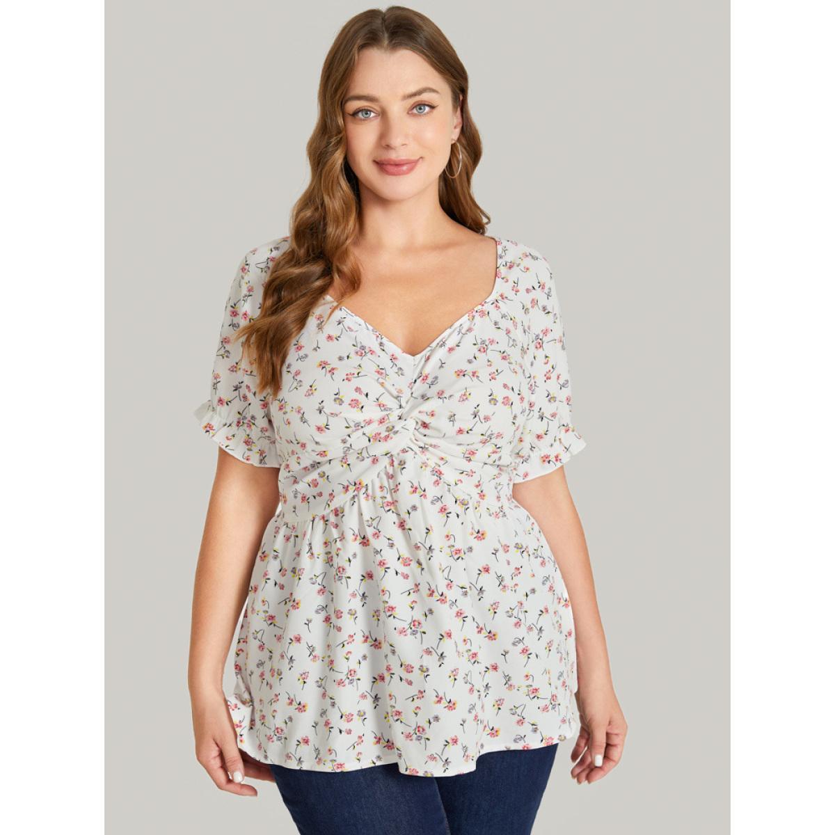 Plus Size White Ditsy Floral Twist Front Puff Sleeve Blouse Women Elegant Short sleeve V-neck Dailywear Blouses BloomChic 10/M Product Image