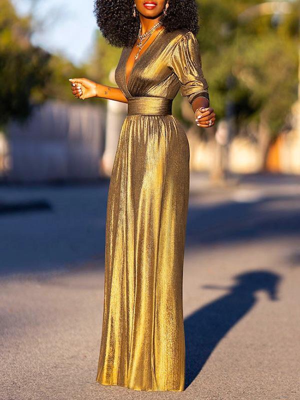 High Waisted Three-Quarter Sleeves Shiny Solid Color Deep V-Neck Jumpsuits Bottoms Product Image