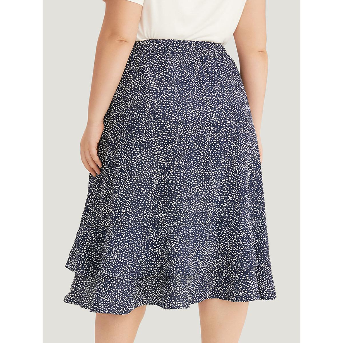 Plus Size Allover Print Pocket Ruffle Layered Hem Skirt Women Indigo Elegant Elastic Waist No stretch Pocket Dailywear Skirts BloomChic 22-24/3X Product Image