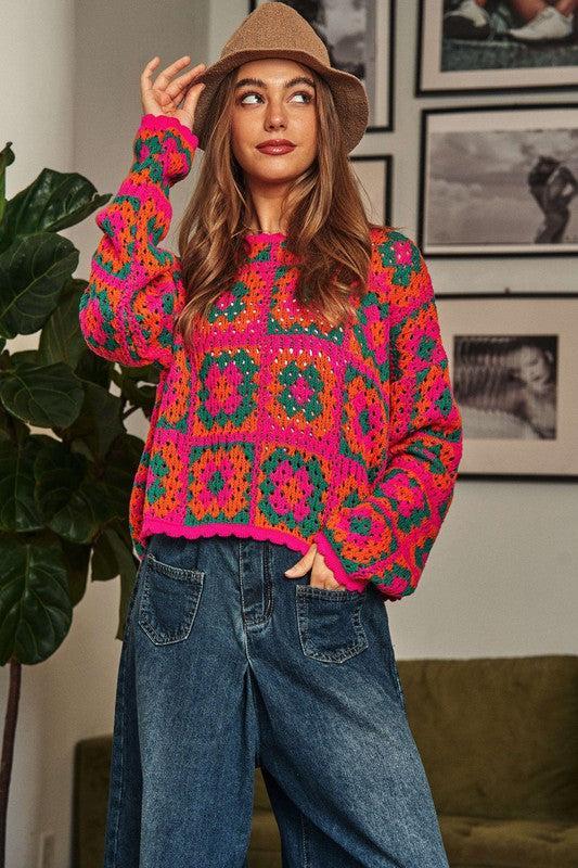 Crochet Patchwork Round Neck Pullover Sweater Top Product Image
