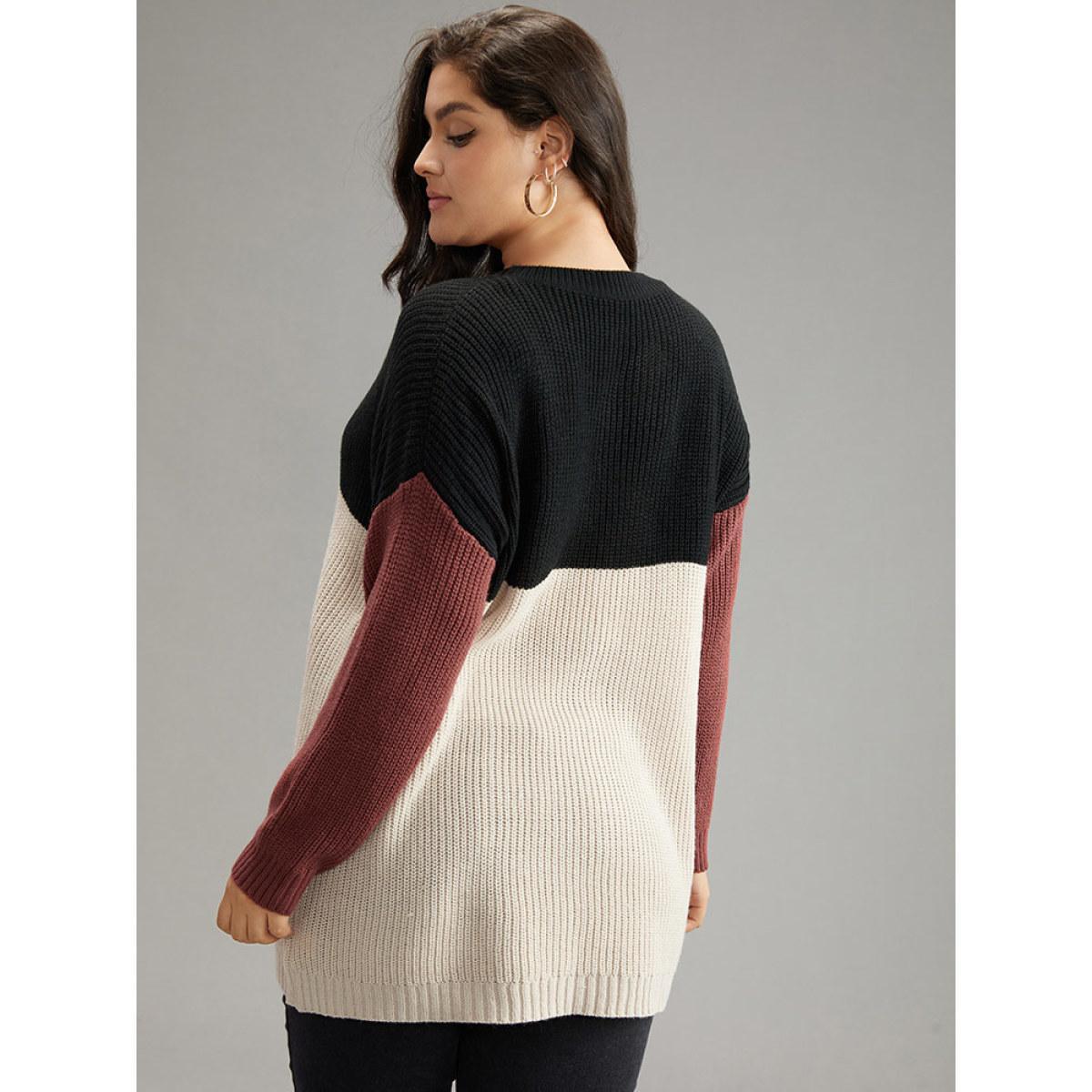 Plus Size Colorblock Contrast Crew Neck Pullover Multicolor Women Casual Loose Long Sleeve Round Neck Dailywear Pullovers BloomChic 28/5X Product Image