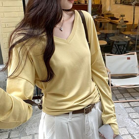 Long-Sleeve V-Neck Plain Tee Product Image