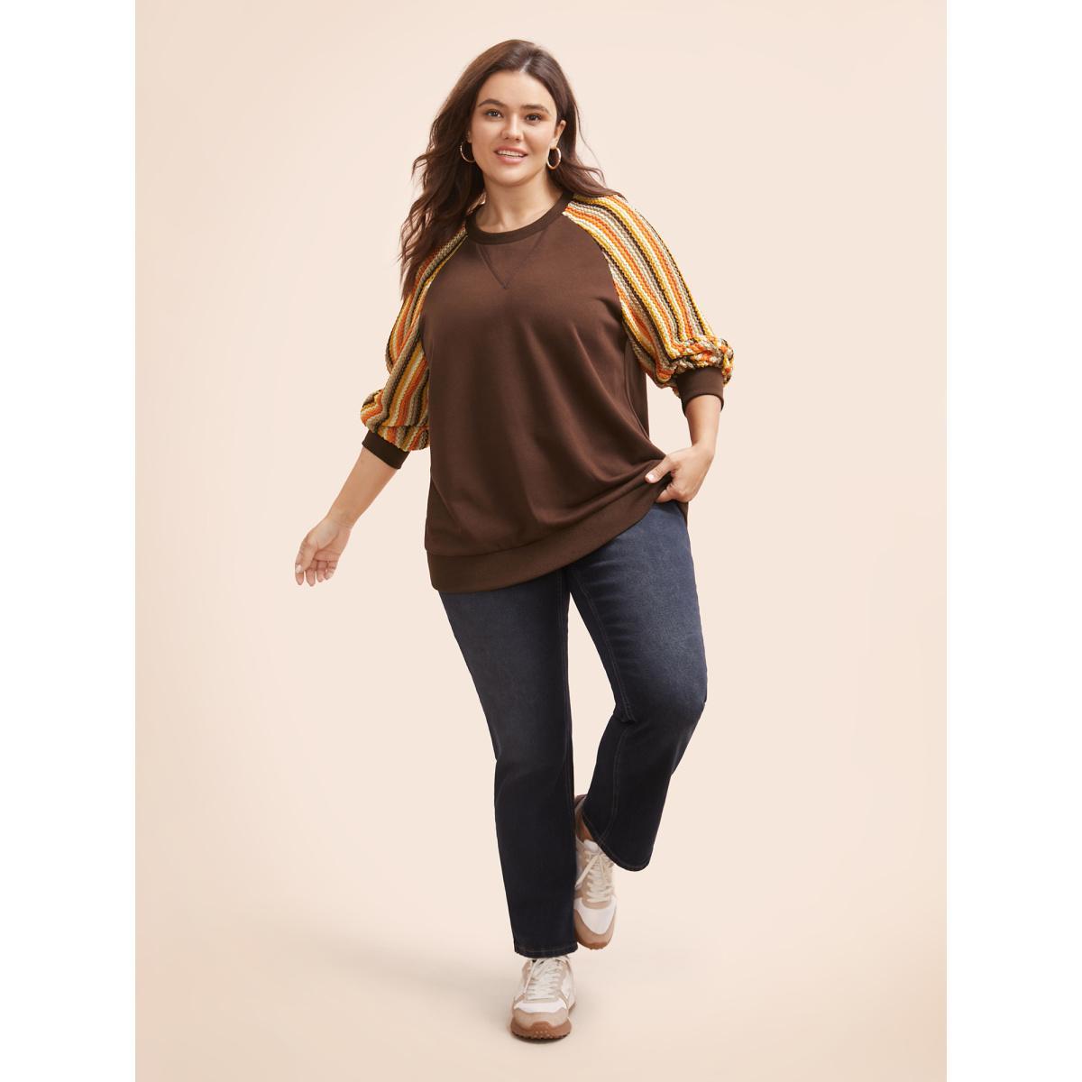 Plus Size Striped Textured Patchwork Raglan Sleeve Sweatshirt Women DarkBrown Casual Texture Round Neck Everyday Sweatshirts BloomChic 22-24/3X Product Image