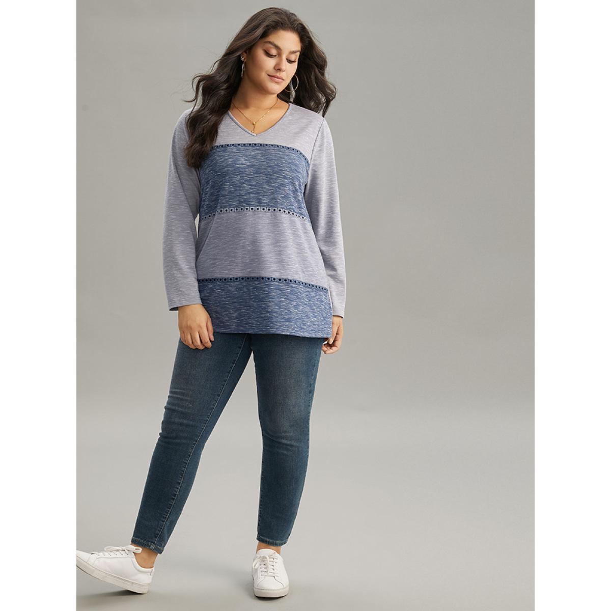 Plus Size Contrast Heather Patchwork Hollow Out Thick T-shirt Multicolor Women Elegant Thick Patchwork V-neck Dailywear T-shirts BloomChic 22-24/3X Product Image