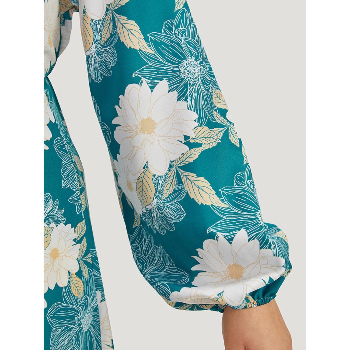 Plus Size Floral Print Wrap Tassel Trim Lantern Sleeve Dress Cerulean Women Elegant Elastic cuffs V-neck Long Sleeve Curvy Midi Dress BloomChic 14-16/1X Product Image