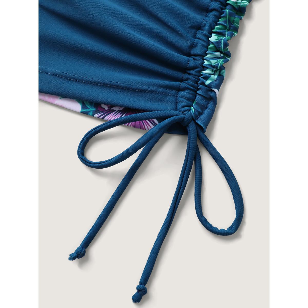 Plus Size Tropical Florals Side Drawstring Swim Top Women's Swimwear Aegean Beach High stretch Skinny U-neck Curve Swim Tops BloomChic 12/L Product Image