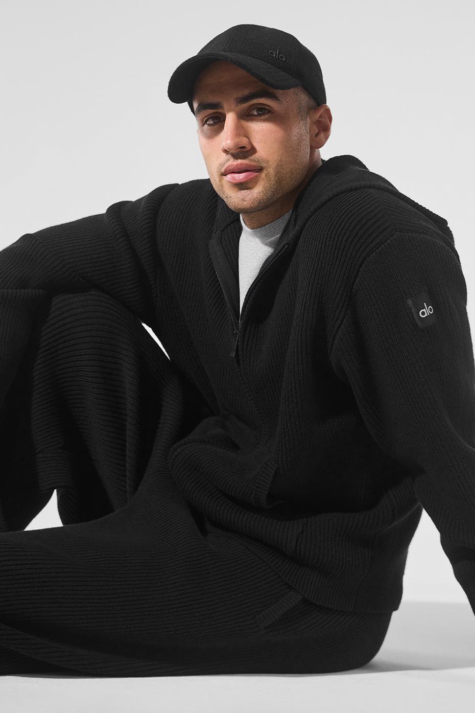 Domain Rib Knit Full Zip Sweater - Black Male Product Image