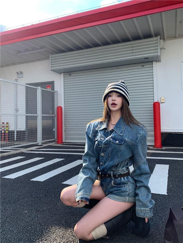 Long-Sleeve Washed Button-Up Denim Romper Product Image