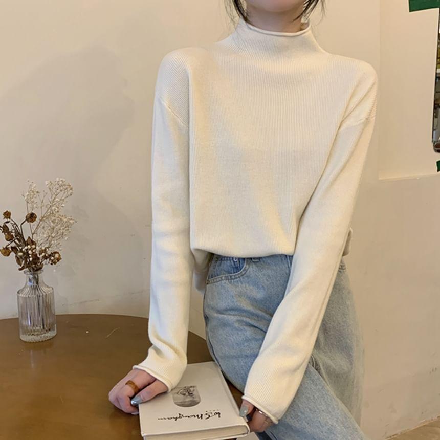 Long-Sleeve Mock Neck Ribbed Knit Top Product Image