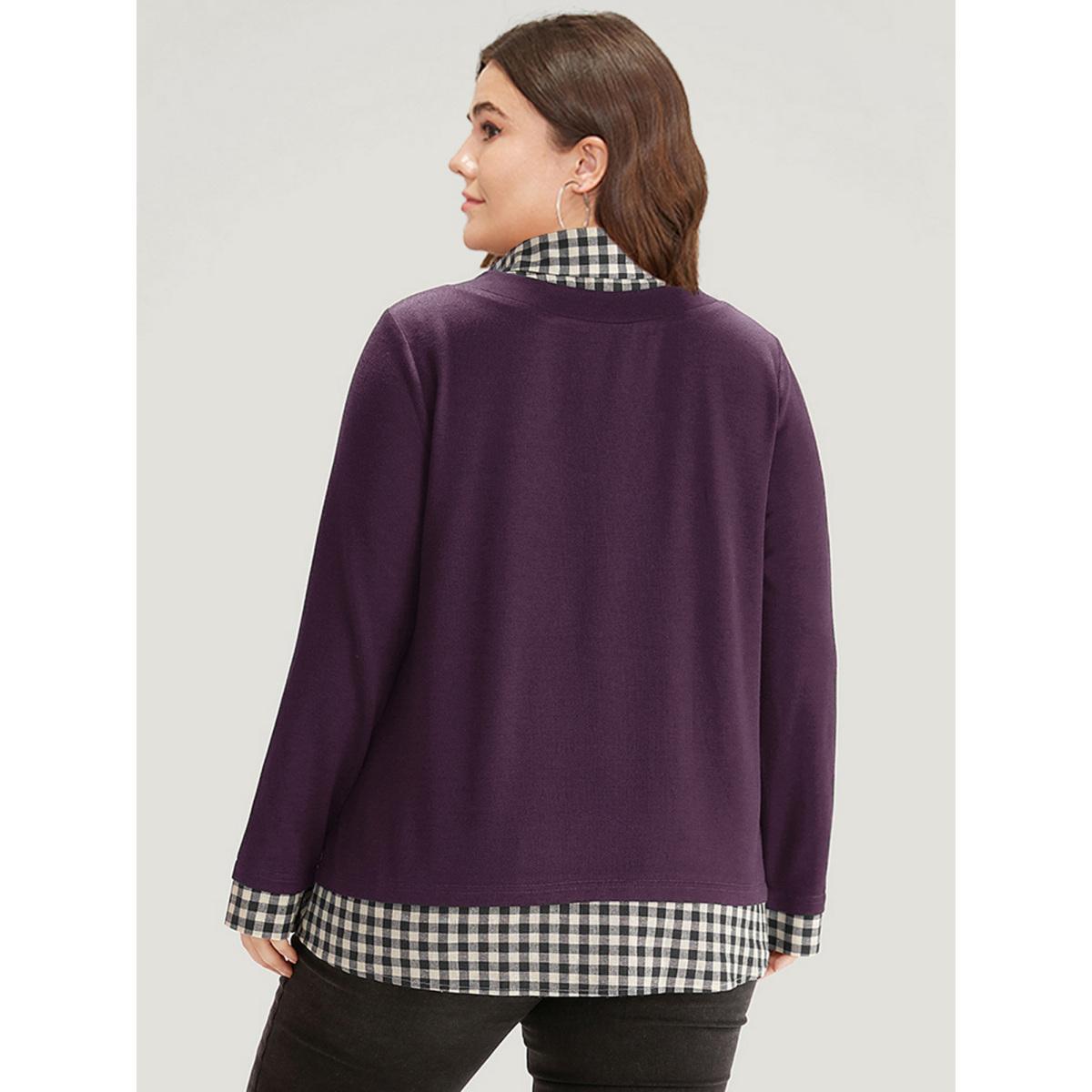 Plus Size Gingham Patchwork Shirt Collar Arc Hem Sweatshirt Women Purple Casual Patchwork V-neck Everyday Sweatshirts BloomChic 10/M Product Image