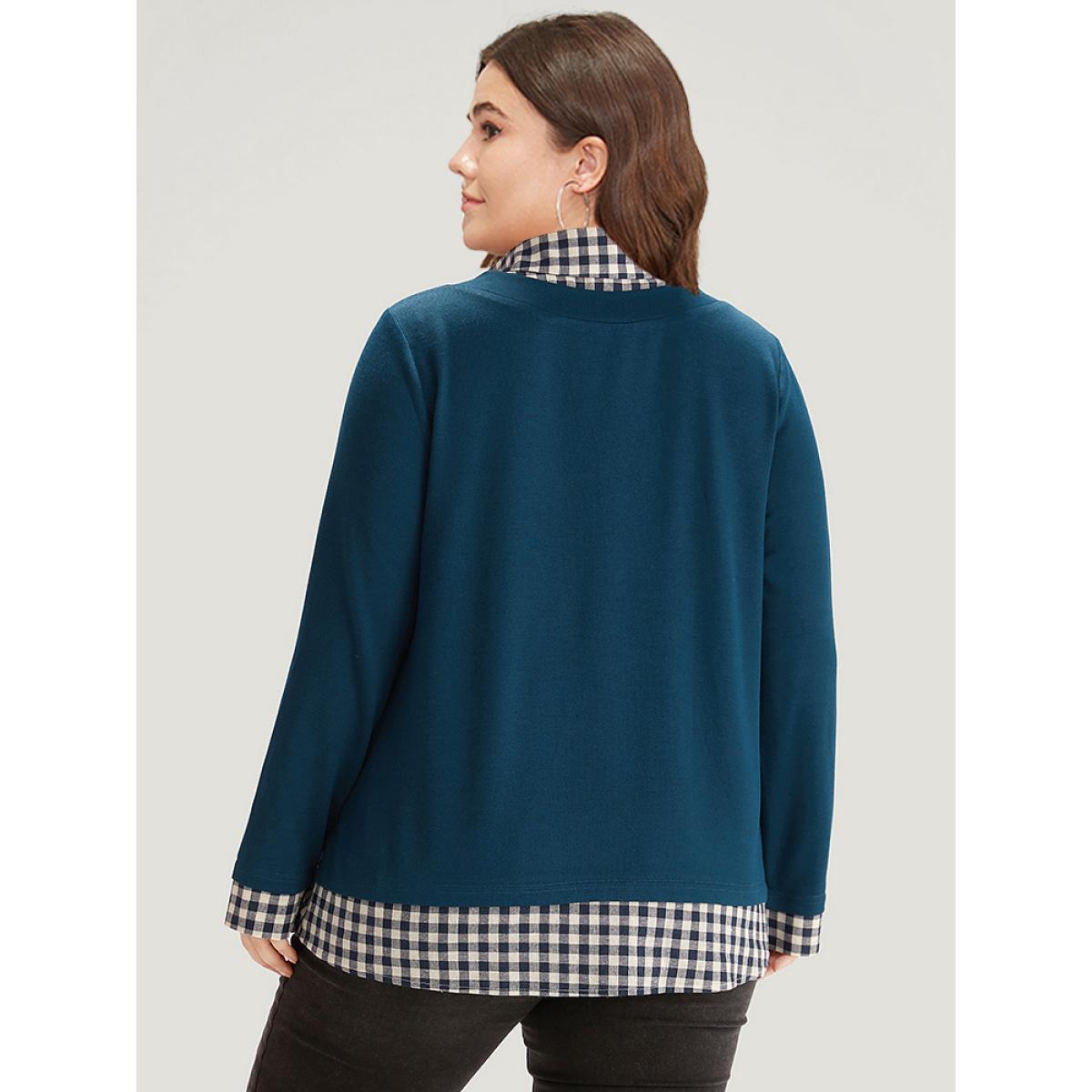 Plus Size Gingham Patchwork Shirt Collar Arc Hem Sweatshirt Women Scarlet Casual Patchwork V-neck Everyday Sweatshirts BloomChic 22-24/3X Product Image