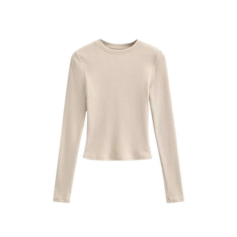 Long Sleeve Crew Neck Plain Ribbed Tee Product Image