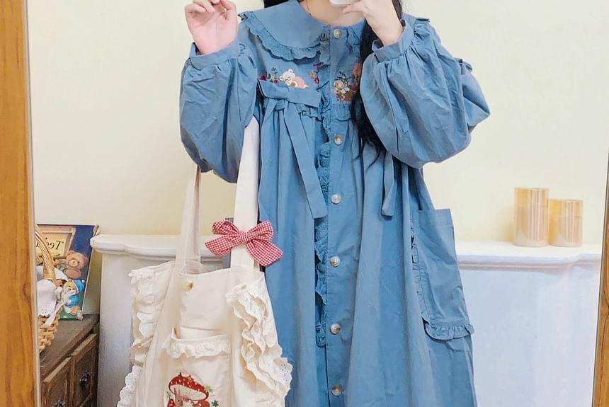 Collar  Embroidered Lace Trim Midi Single-Breasted Coat Product Image