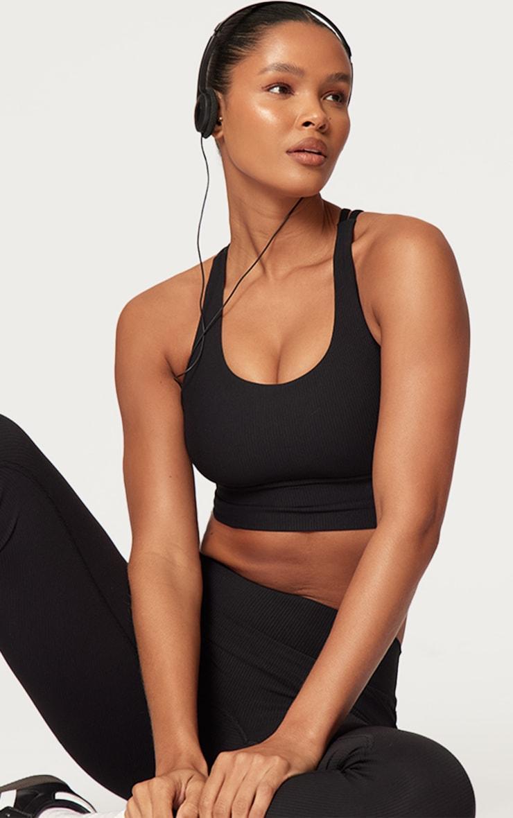 Black Active Rib Strappy Back Sports Bra Product Image