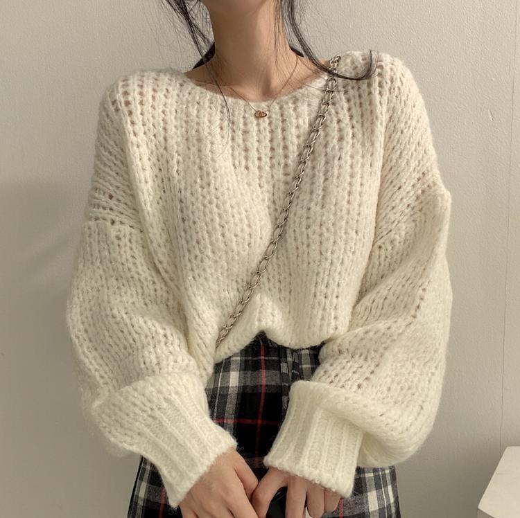 Lantern Sleeve Round Neck Oversized Sweater Product Image