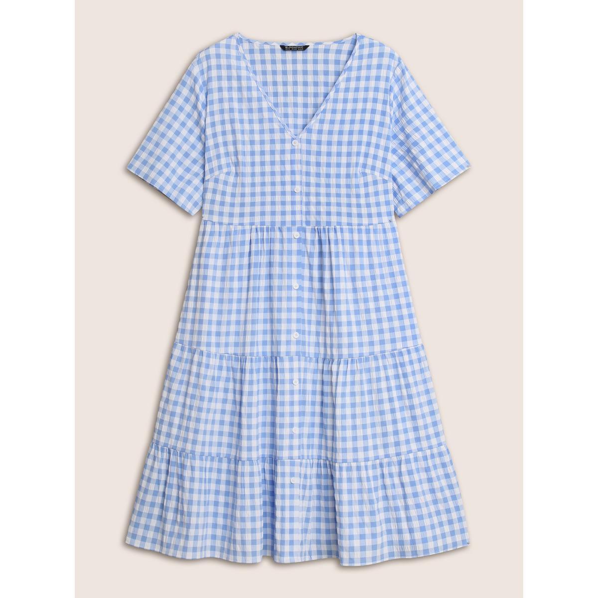 Plus Size Gingham Button Detail Ruffle Layered Hem Dress LightBlue Women Casual Button V-neck Short sleeve Curvy BloomChic 12/L Product Image