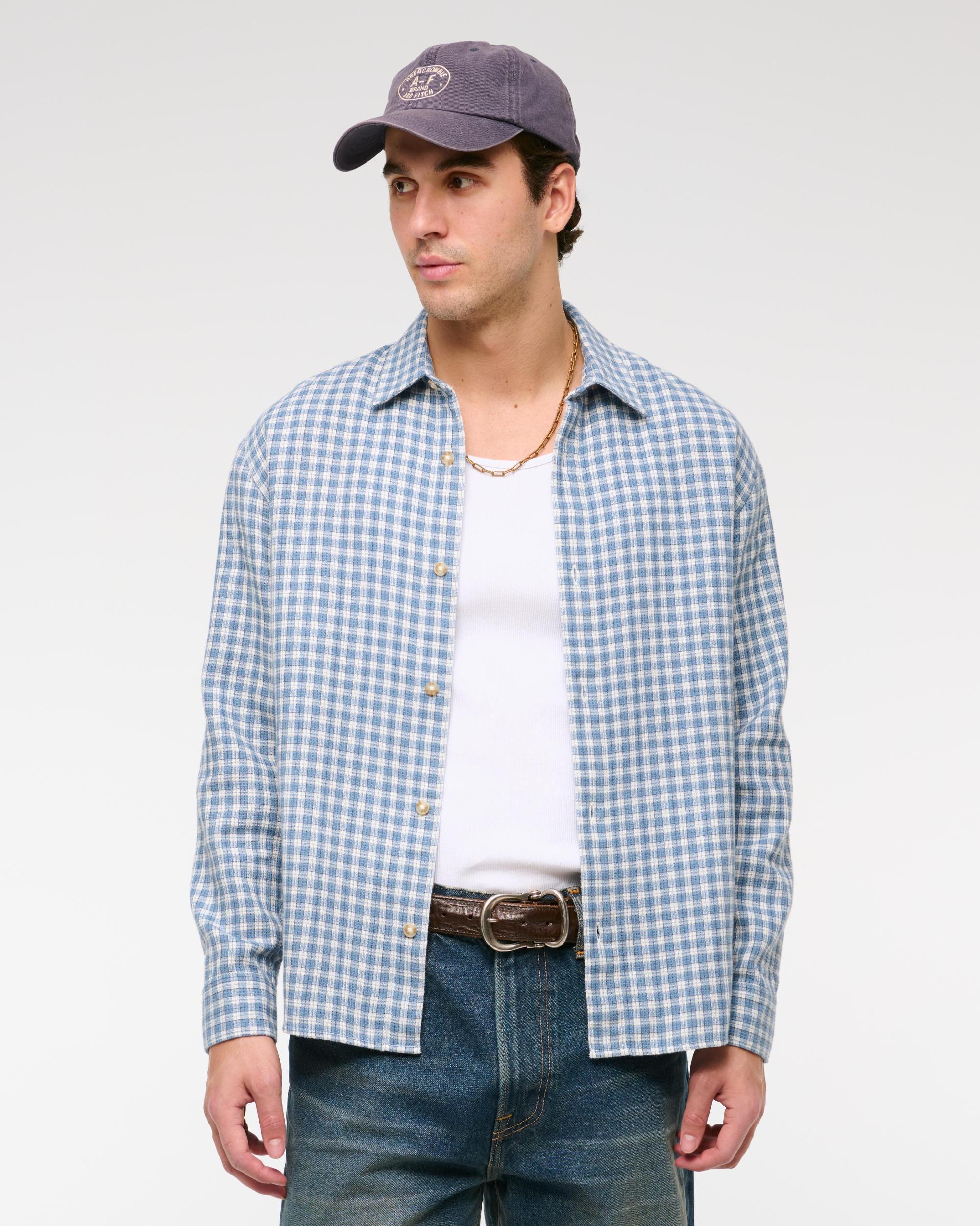 Long-Sleeve Textural Plaid Button-Up Shirt Product Image