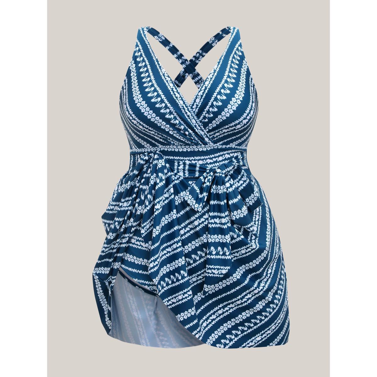 Plus Size Anti-Float Ties Boho Belted Swim Dress Women's Swimwear Aegean Beach Bodycon Overlap Collar High stretch Curve Swim Dresses BloomChic 12/L Product Image