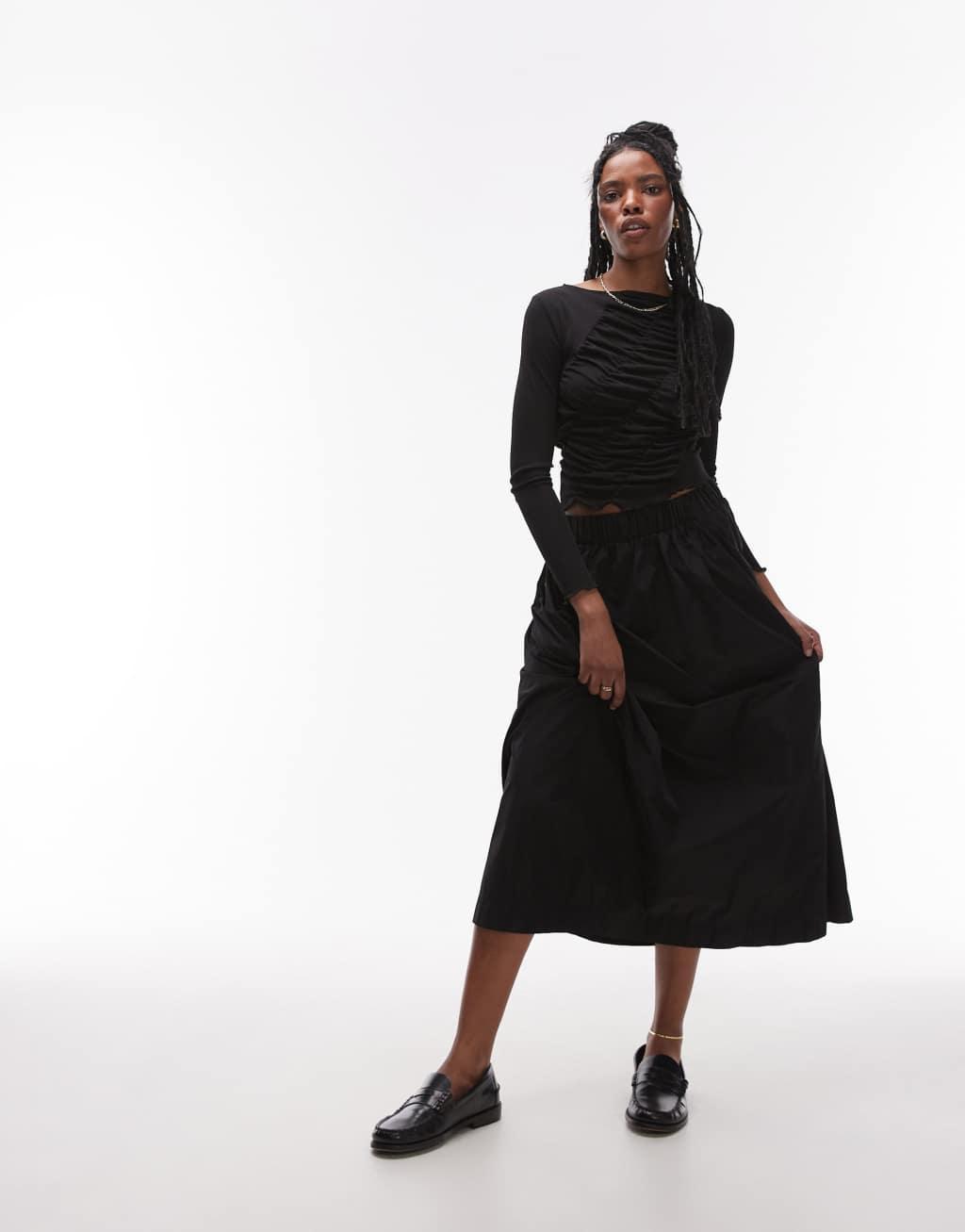 Topshop long sleeve shirred top in black Product Image