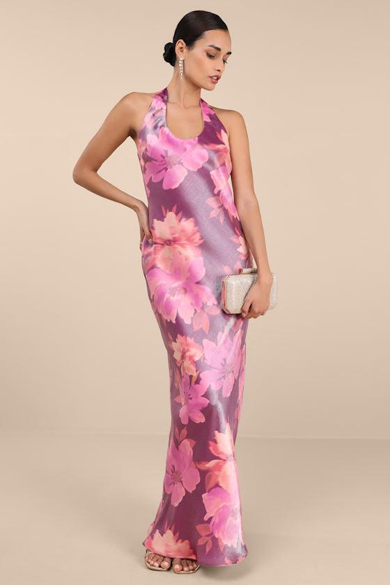 Lashay Purple and Pink Floral Satin Halter Mermaid Maxi Dress Product Image