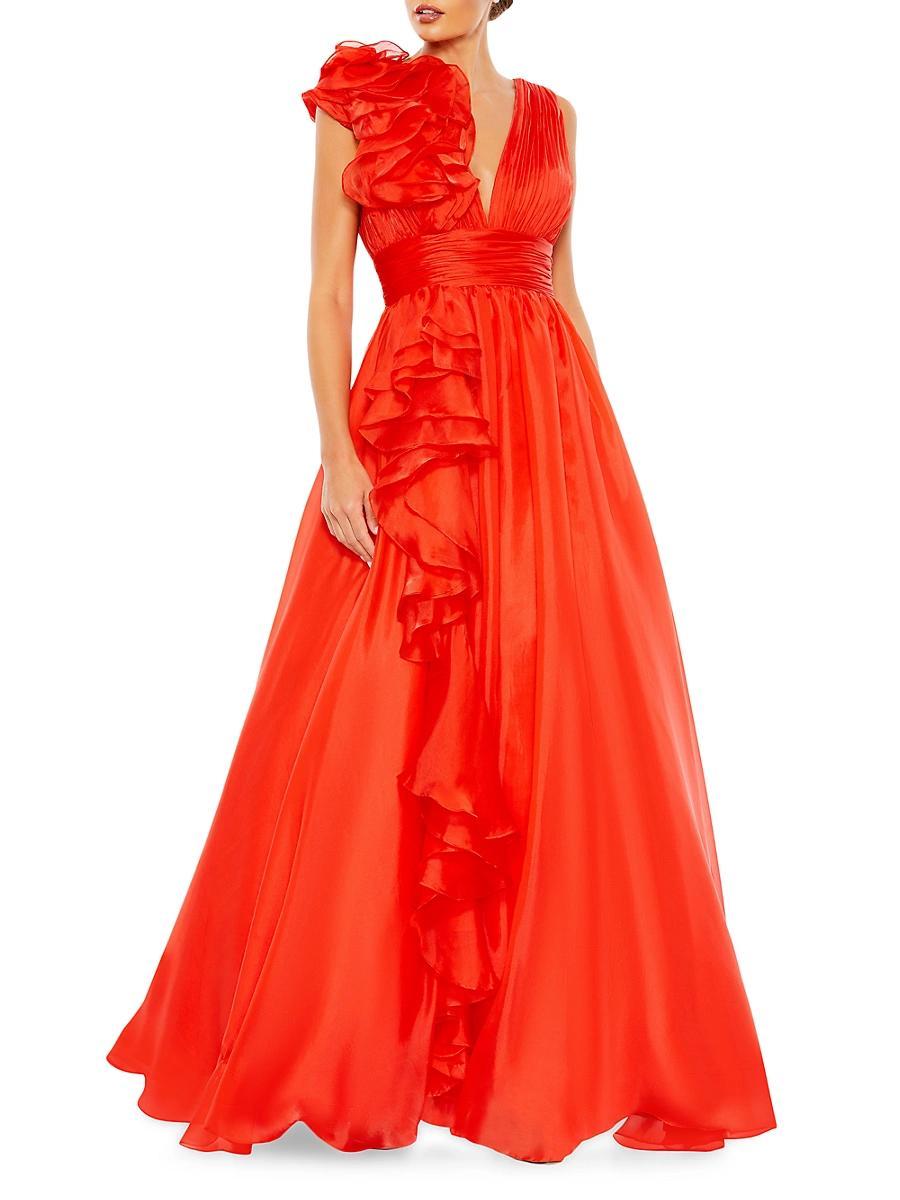 Mac Duggal Ruffle Shoulder V-Neck Chiffon Gown Product Image