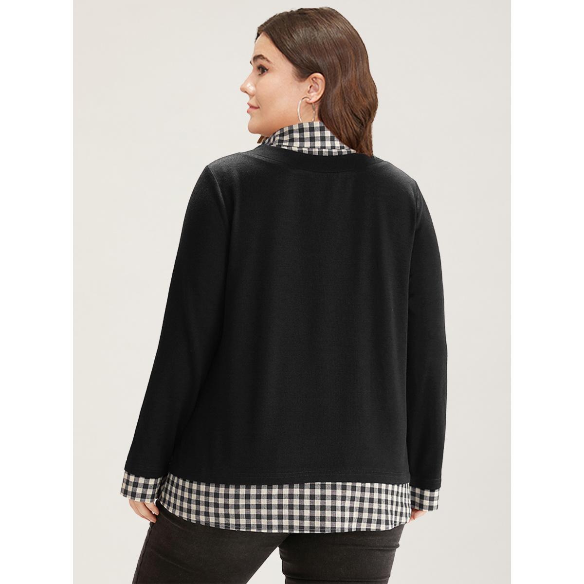 Plus Size Gingham Patchwork Shirt Collar Arc Hem Sweatshirt Women Black Casual Patchwork V-neck Everyday Sweatshirts BloomChic 10/M Product Image