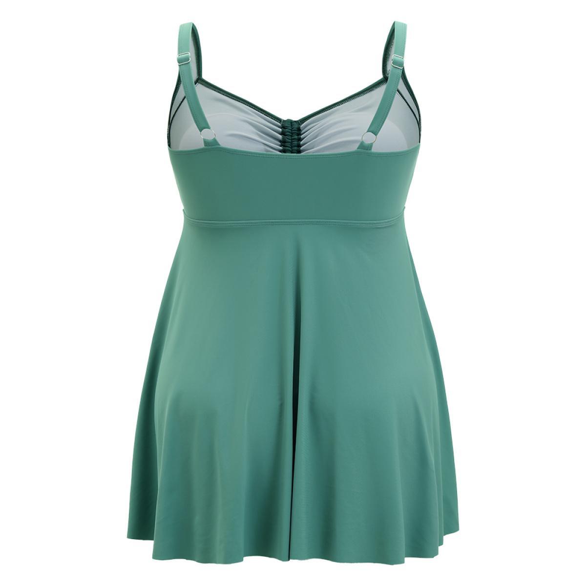 Plus Size Ruched Drawstring Flutter Hem Swim Dress Women's Swimwear Emerald Vacation Bodycon High stretch Curve Swim Dresses BloomChic 10/M Product Image