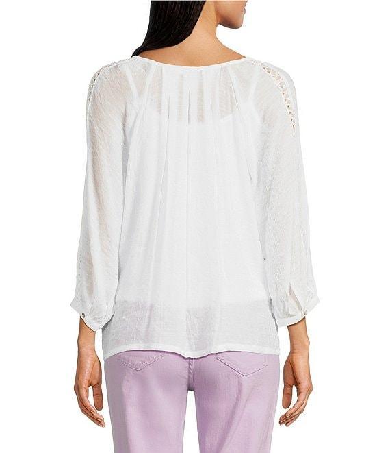 Figueroa & Flower Embriordered Crew Neck 3/4 Bell Sleeve Lace Detail Blouse Product Image