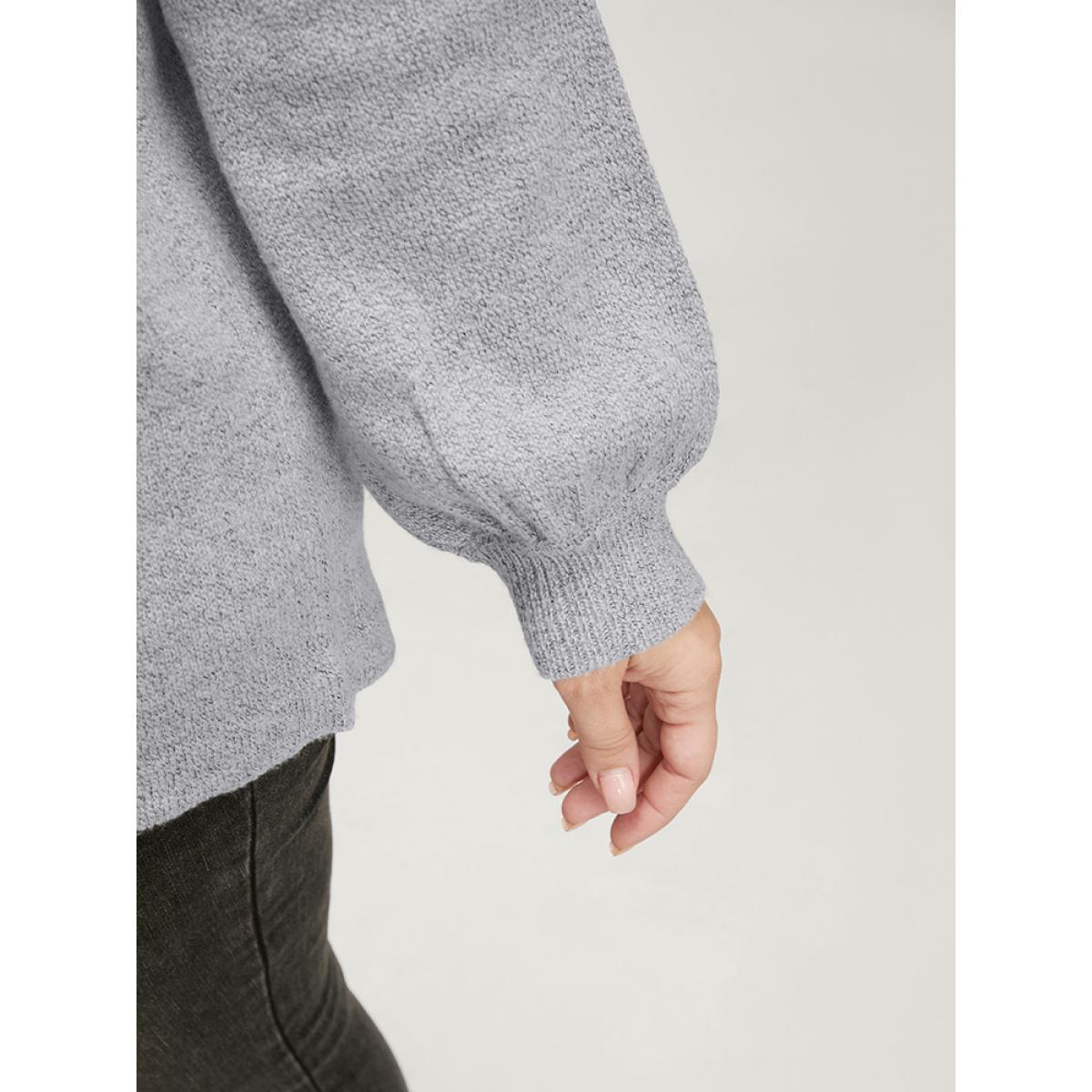 Plus Size Solid Pointelle Knit Lantern Sleeve Mock Neck Heather Knit Top LightGray Women Casual Long Sleeve Mock Neck Dailywear Pullovers BloomChic 14-16/1X Product Image