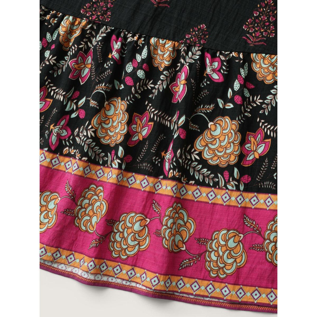 Plus Size Boho Floral Waist Stretchy Midi Skirt Women DarkGray Resort Bodycon Low stretch Side seam pocket Vacation Skirts BloomChic 28/5X Product Image