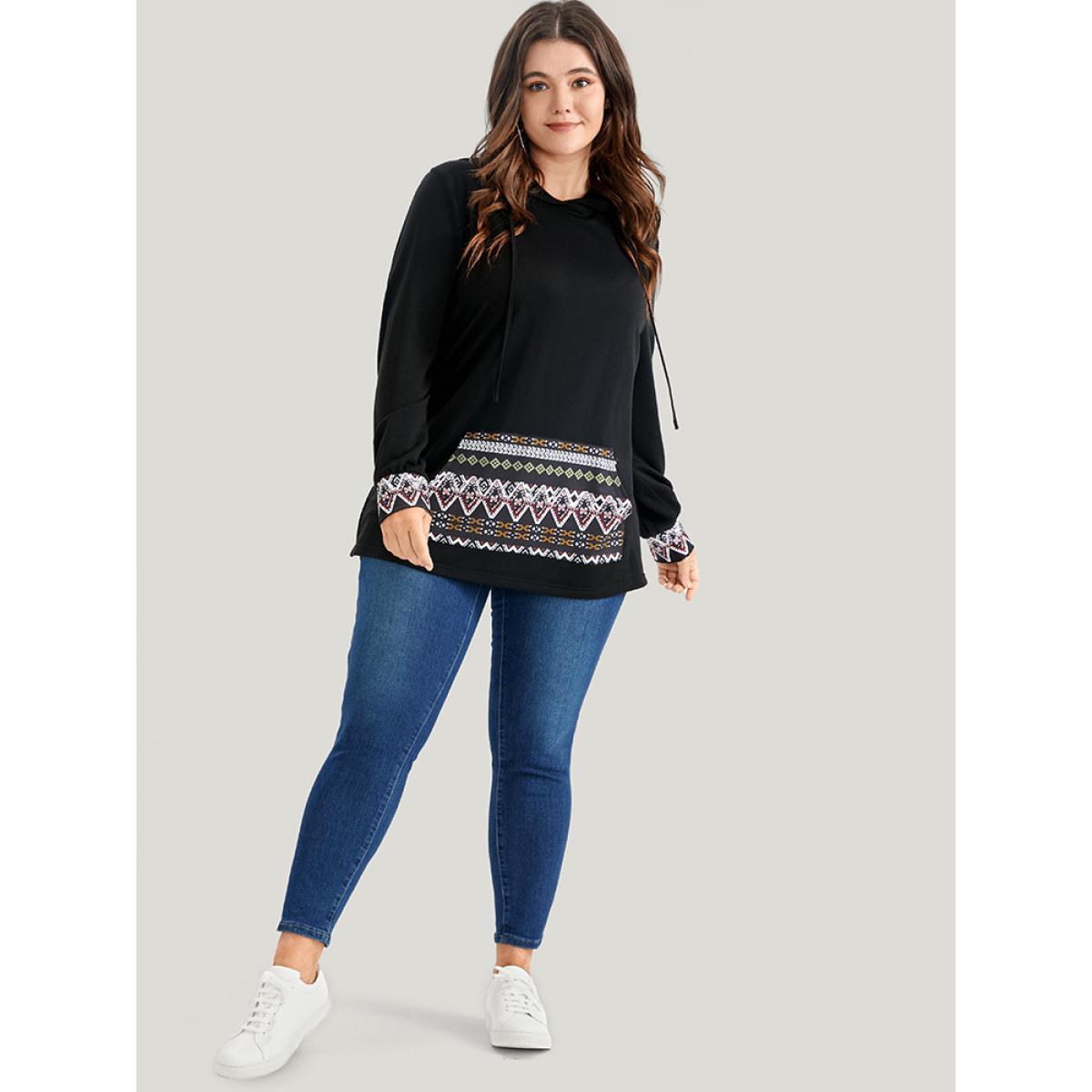 Plus Size Geometric Print Pocket Drawstring Hooded Sweatshirt Women Black Vacation Patchwork Hooded Dailywear Sweatshirts BloomChic 28/5X Product Image