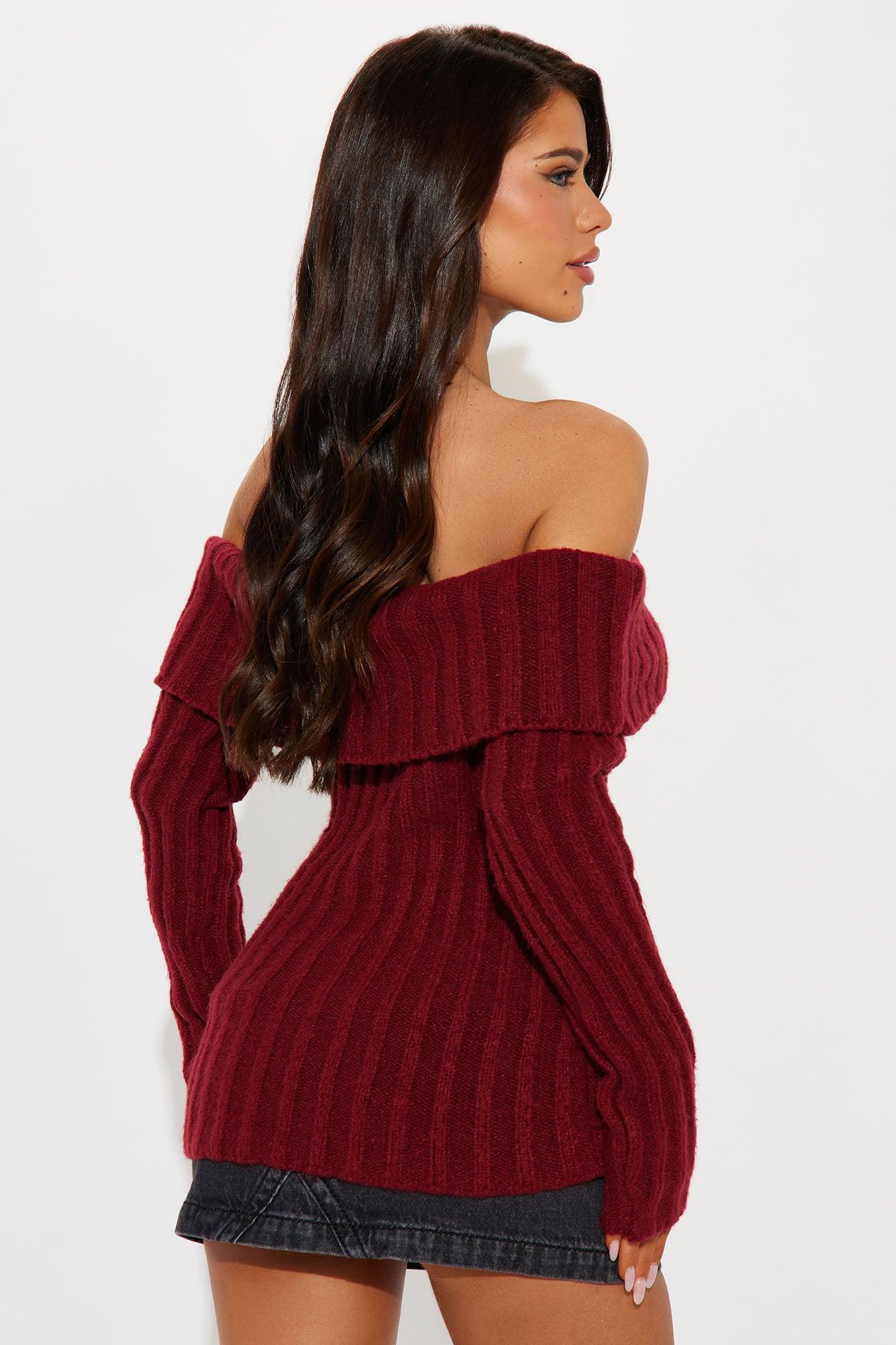Mid City Off Shoulder Sweater - Burgundy Product Image
