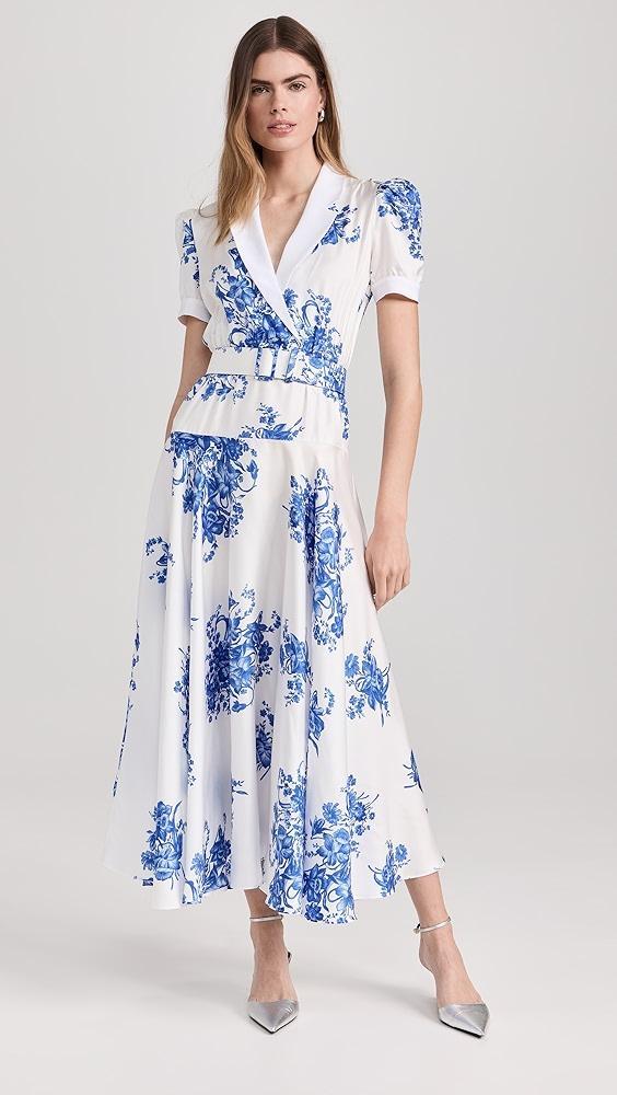 Rodarte White and Blue Floral Printed Silk Twill Collared Dress with Belt Detail | Shopbop Product Image