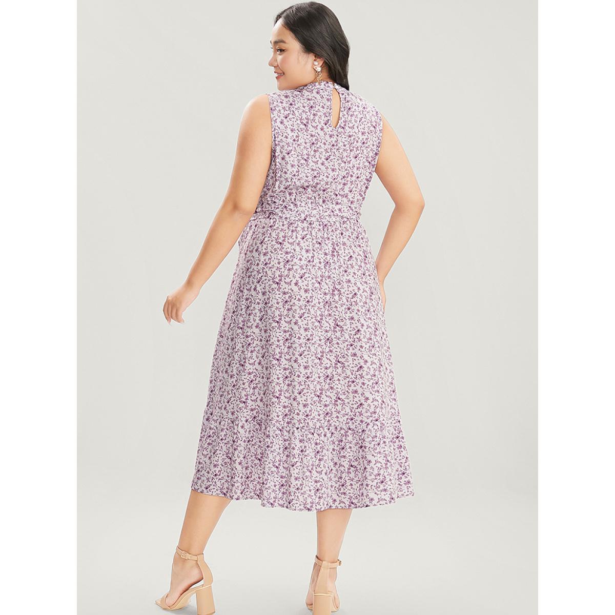 Plus Size Ditsy Floral Keyhole Pocket Belted Mock Neck Ruffles Dress Lavender Women Elegant Pocket Mock Neck Sleeveless Curvy Midi Dress BloomChic 12/L Product Image