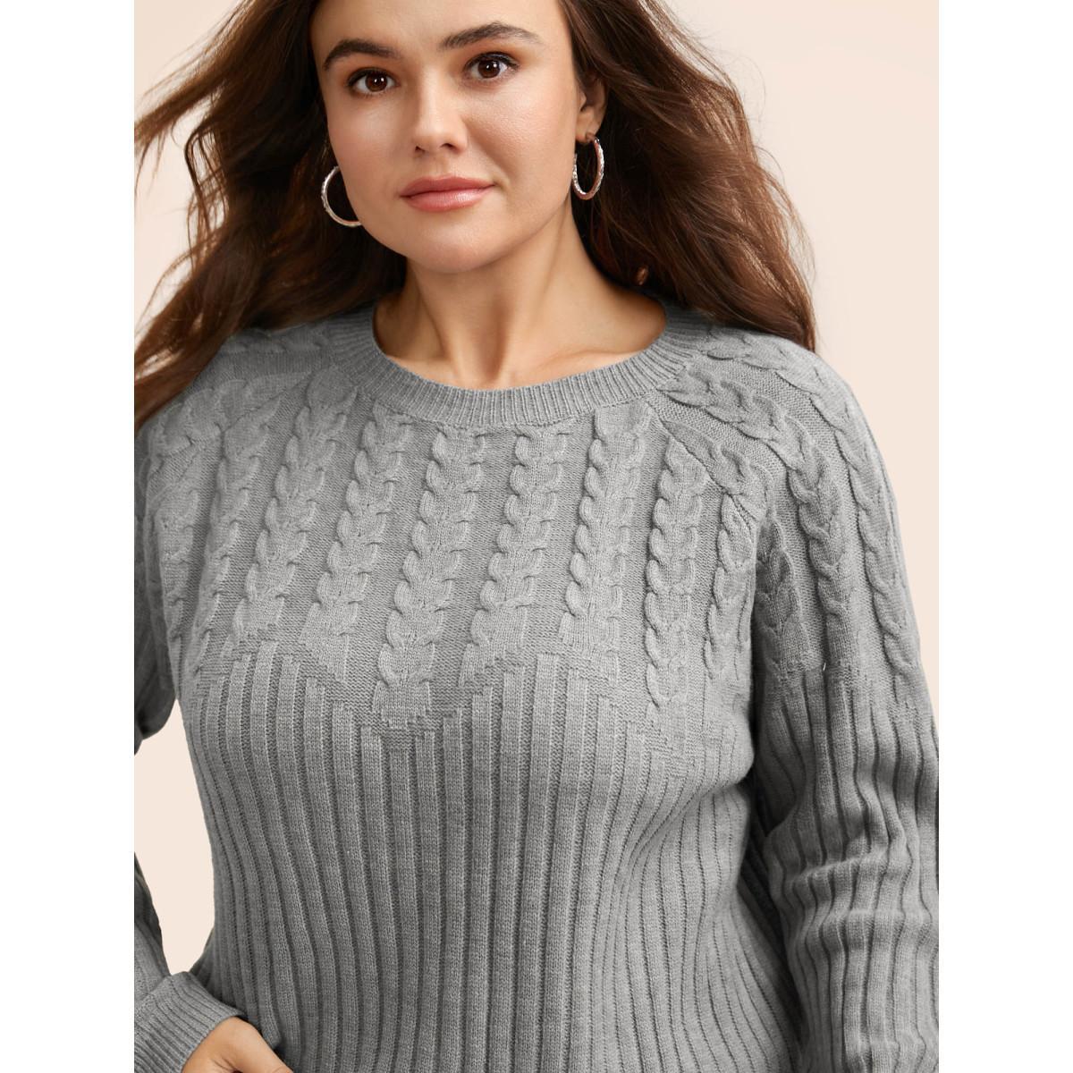 Plus Size Solid Cable Knit Raglan Sleeve Pullover Mediumgray Women Casual Long Sleeve Round Neck Everyday Pullovers BloomChic 30/6X Product Image