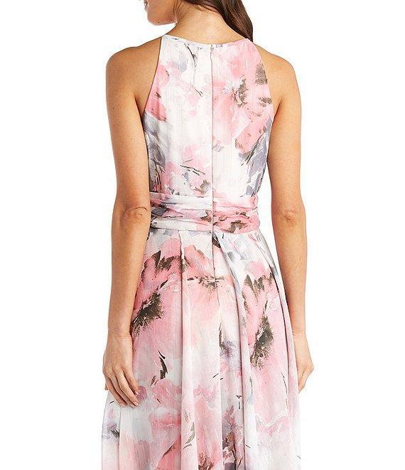 R & M Richards Halter Keyhole Neck Sleeveless Ruched Waist Floral Print Chiffon Gown Product Image