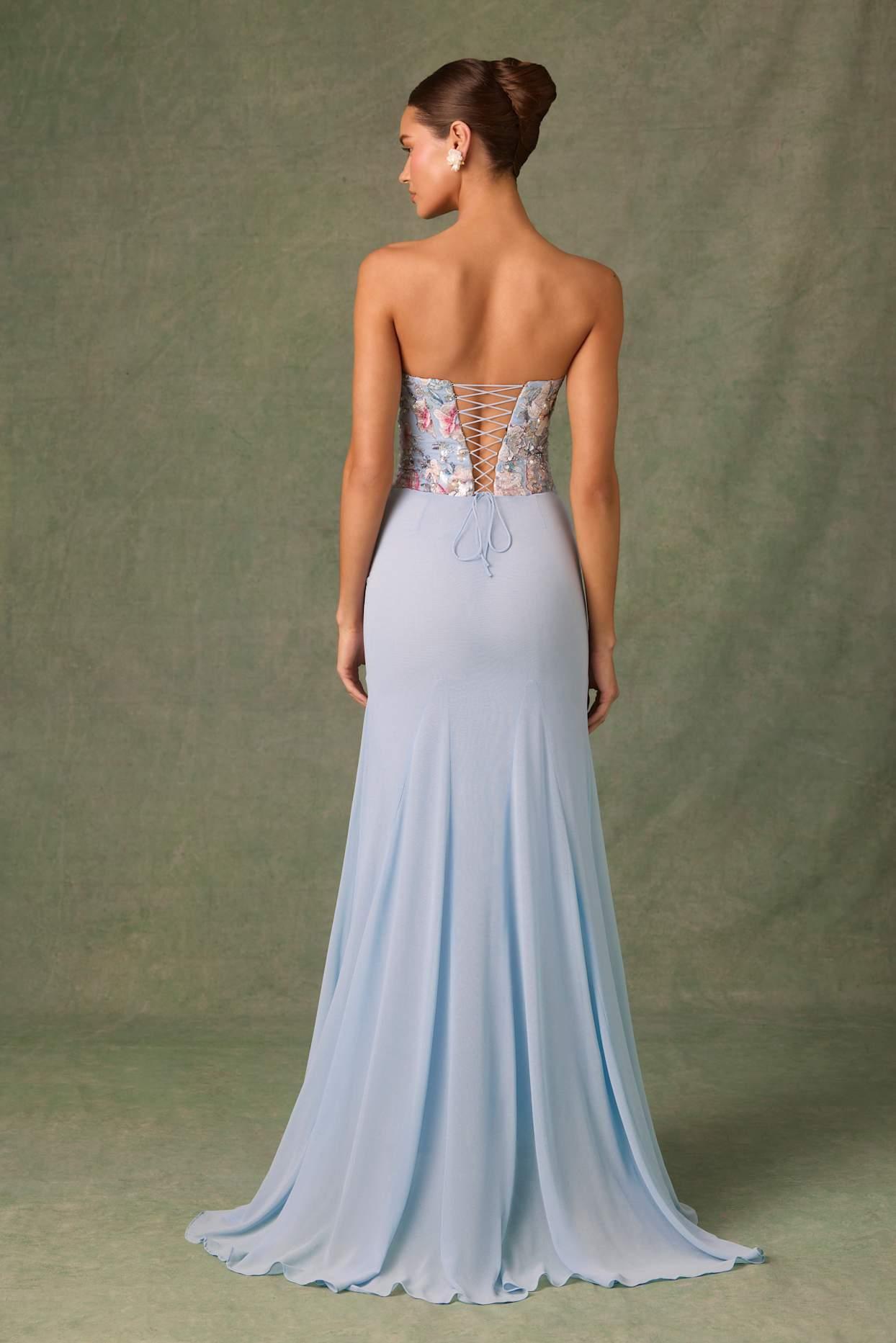 Embellished Corset Fishtail Gown in Floral Blue Product Image