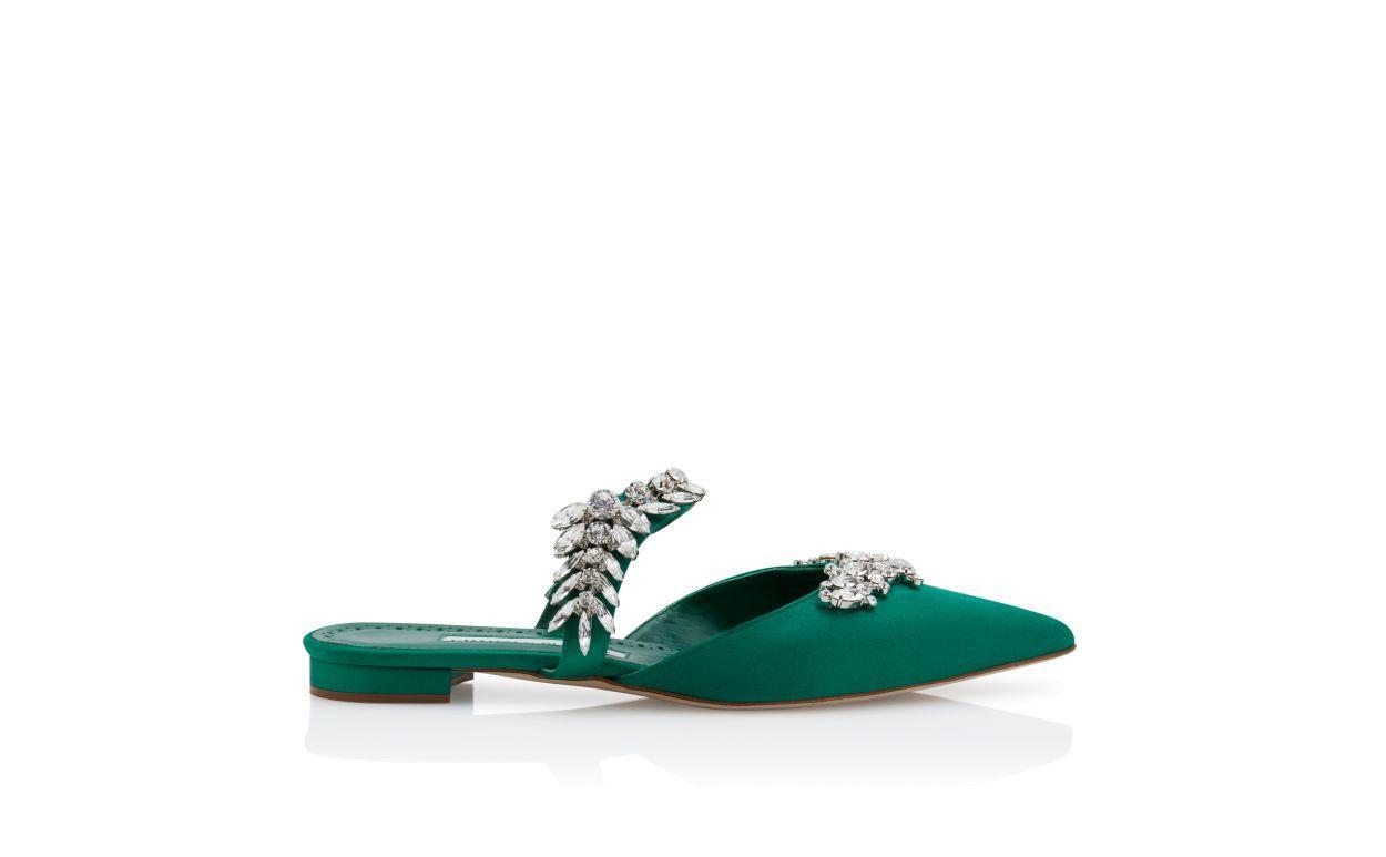 LURUMFLAT Green Satin Crystal Embellished Flat Mules Product Image
