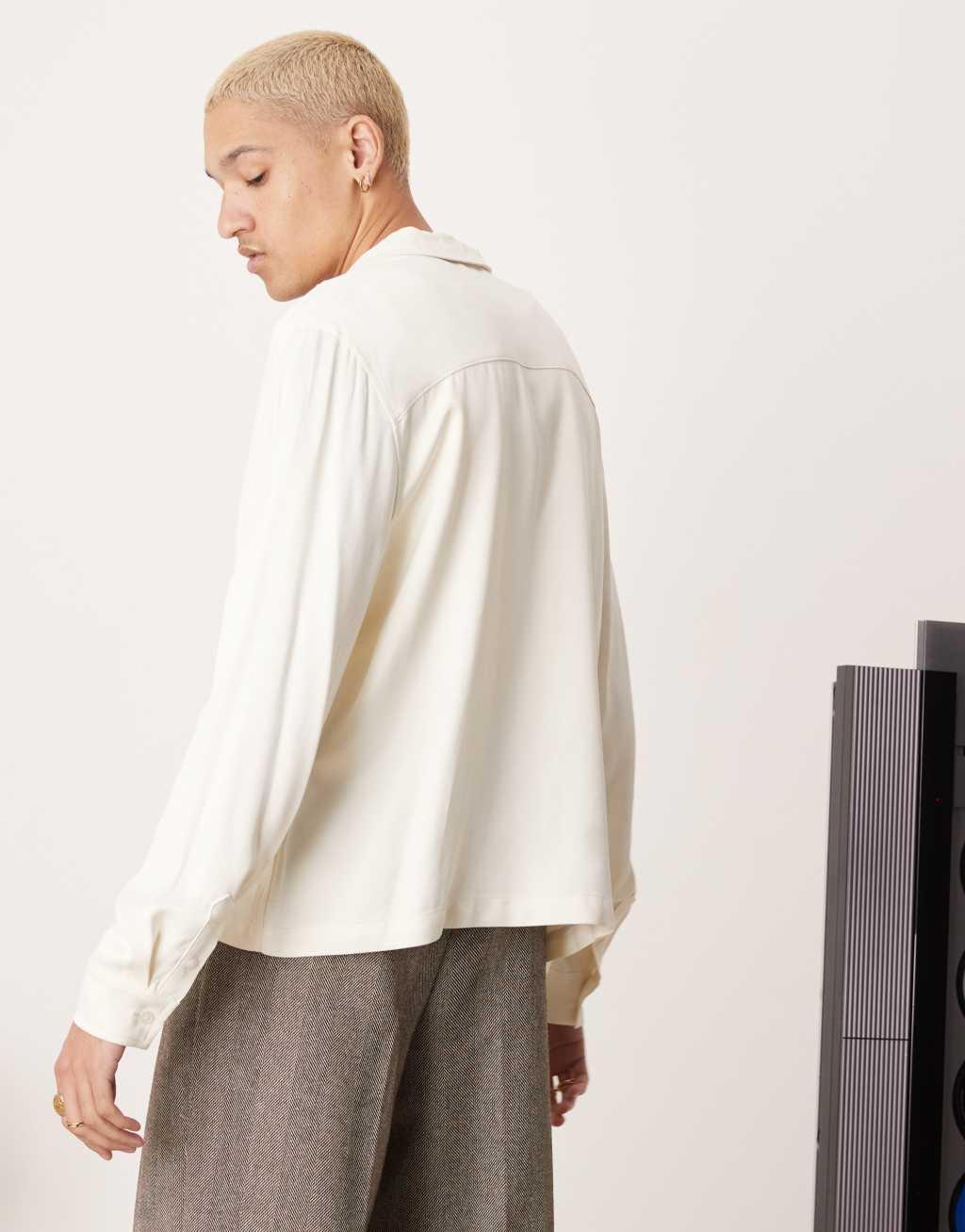 ASOS DESIGN relaxed cropped satin shirt in white Product Image