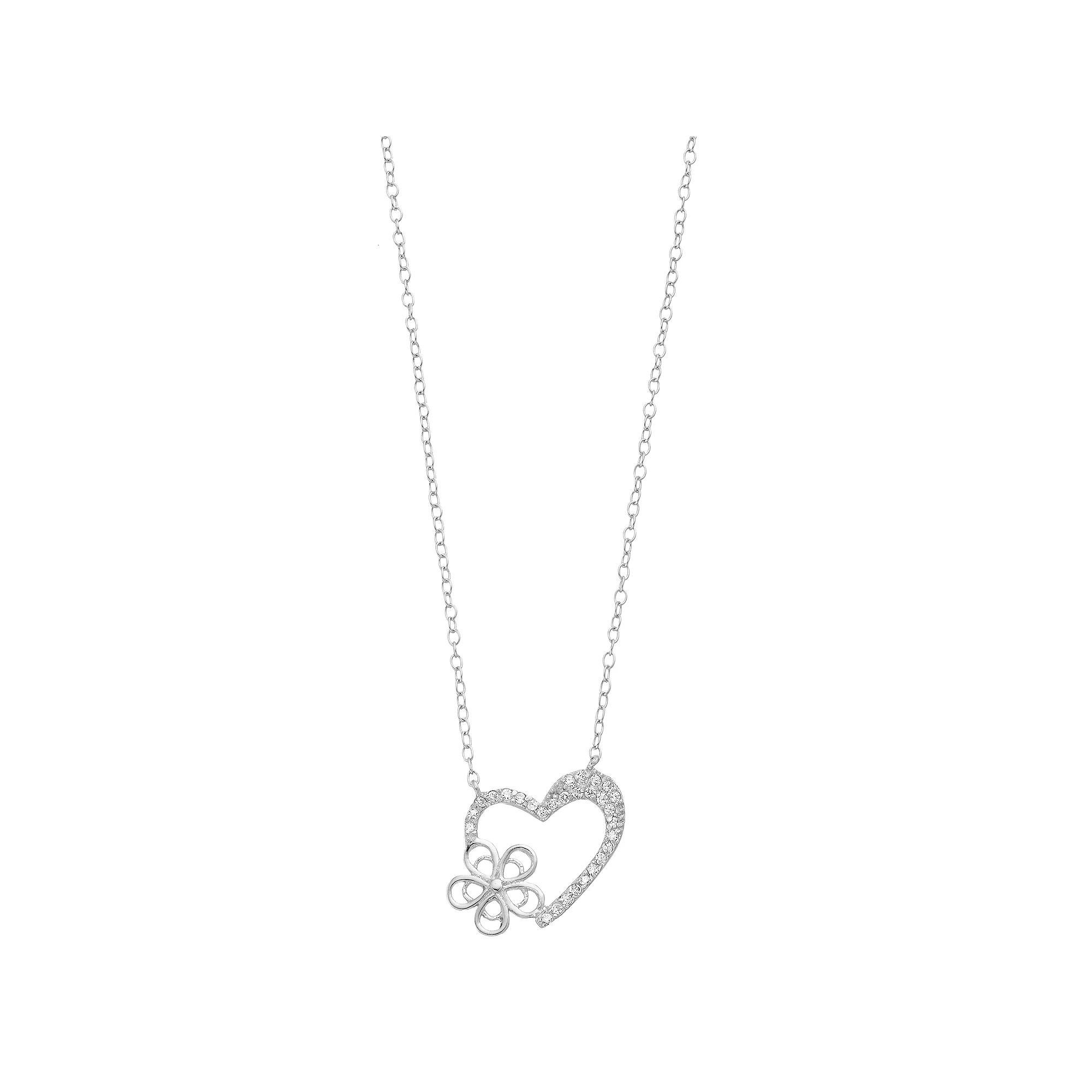 Sterling Silver Cubic Zirconia Open Heart & Flower Necklace, Womens Product Image