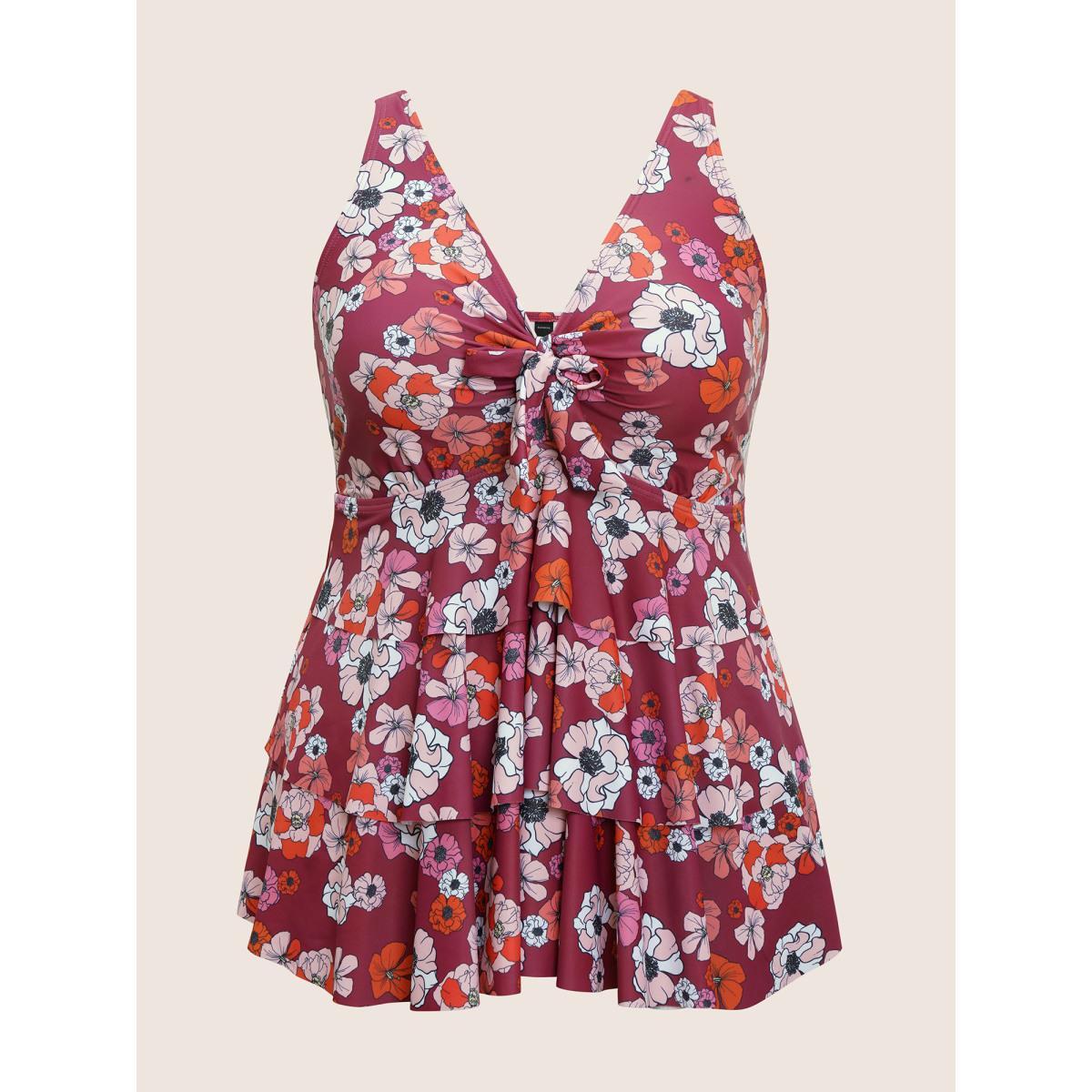 Plus Size Ditsy Floral Bowknot Flutter Layered Hem Swim Top Women's Swimwear RedViolet Beach Non High stretch Bodycon V-neck Curve Swim Tops BloomChic 22-24/3X Product Image