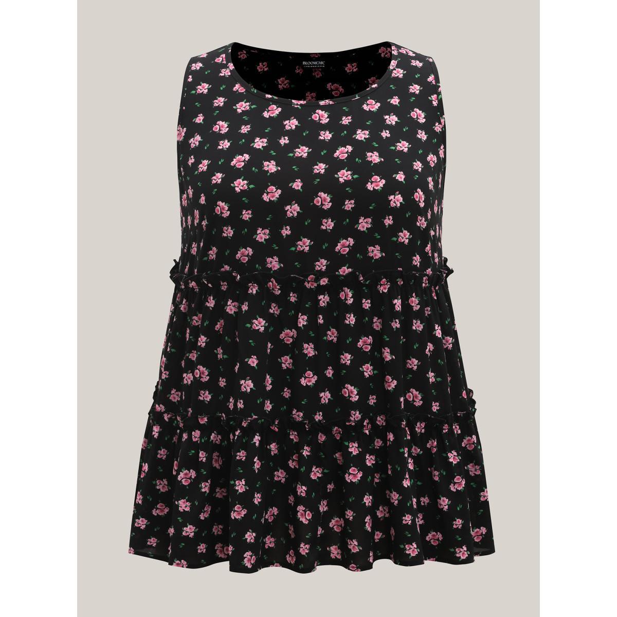Plus Size Ditsy Floral Print Tiered Tank Top Women Black Gathered Round Neck Everyday-Elegant Tank Tops Camis BloomChic 26/4X Product Image