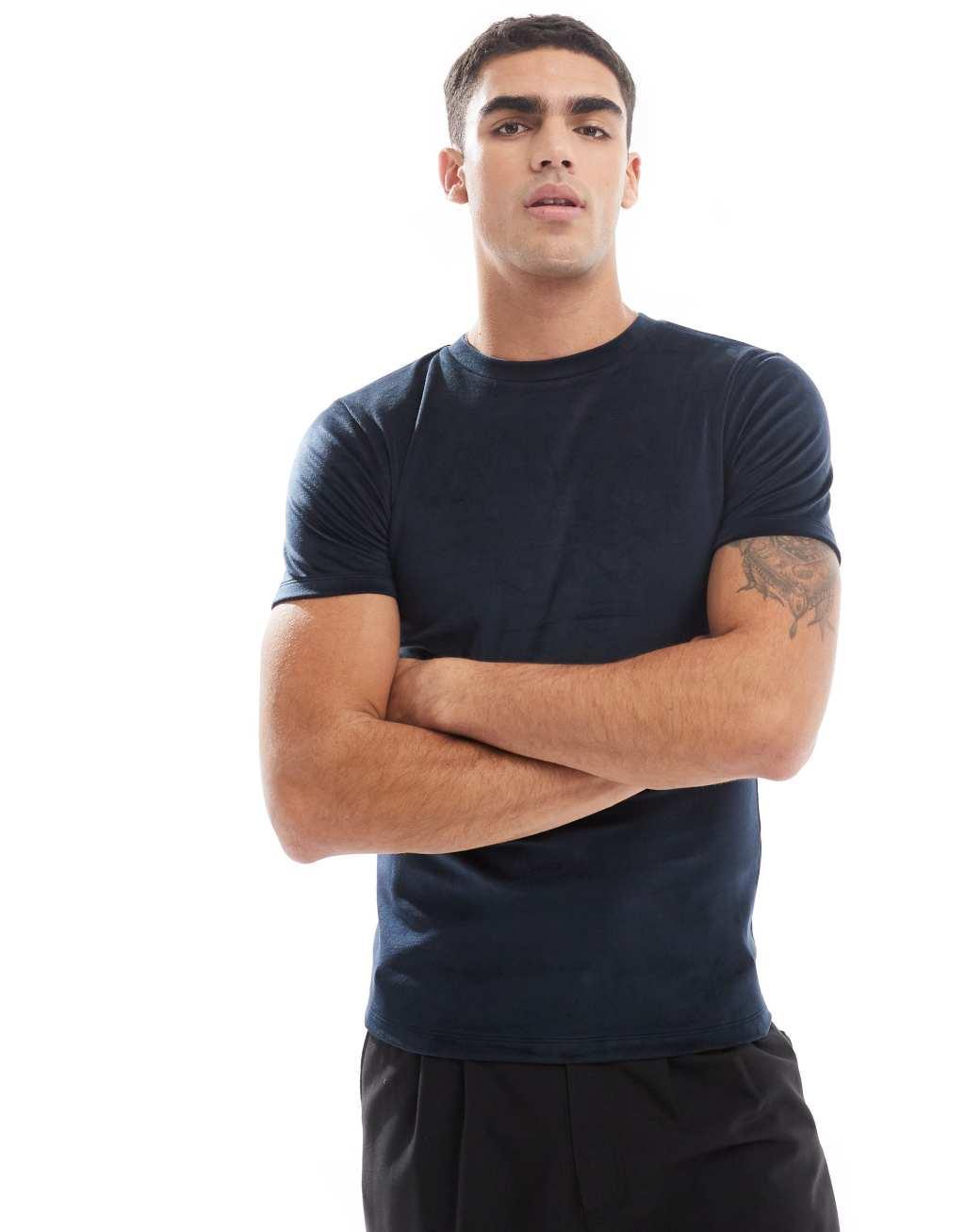 ASOS DESIGN muscle fit t-shirt in navy velour Product Image