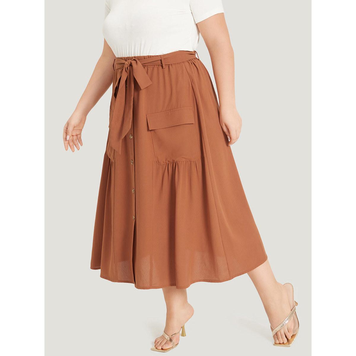 Plus Size Contrast Button Detail Flap Pocket Gathered Skirt Women OrangeRed Elegant Belted No stretch Pocket Dailywear Skirts BloomChic 30/6X Product Image